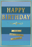 This birthday card is a gentle celebration in blue and gold, its design inviting the recipient to slow down and enjoy their day in the same unhurried way you might stroll through High Wycombe's parks and side streets. The card's face is divided into broad, horizontal stripes, each stripe offering a different shade of blue-from deep, velvety navy to denim, teal, and airy sky tones. These cool bands are laid one atop another in neat rows, forming a calm, layered backdrop that suggests depth without any clutter. Sitting squarely in the centre of this soothing field of colour, the words HAPPY BIRTHDAY are embossed in large, gold capital letters. The metallic finish is polished yet subtle, and the letters rise slightly from the surface so that they would feel smooth under a fingertip, glinting softly when light falls across them. Directly below, a graceful golden flourish stretches horizontally, its curves breaking up the strong straight lines and lending a romantic, timeless character. Beneath this flourish, three slim, gold banners sit in a tidy stack, each one glowing warmly against the blue and carrying its own part of a simple message: Relax, have a great day and enjoy! A narrow gold border runs around the edge, framing the stripes and messages like a picture. One can imagine this card propped on a windowsill in High Wycombe, perhaps in a home near West Wycombe Road or overlooking green spaces around the town, standing beside a handful of fresh birthday blooms. The overall impression is one of quiet sophistication and genuine care-a card meant for someone who treasures peaceful moments, thoughtful words, and a birthday that feels both special and soothing.
